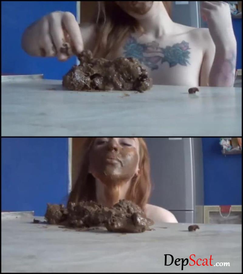 Cute girl shitting on table, smearin feces on face, licking and suck shit. [Special #147] Defecation, Licking feces [FullHD 1080p / 302 MB]