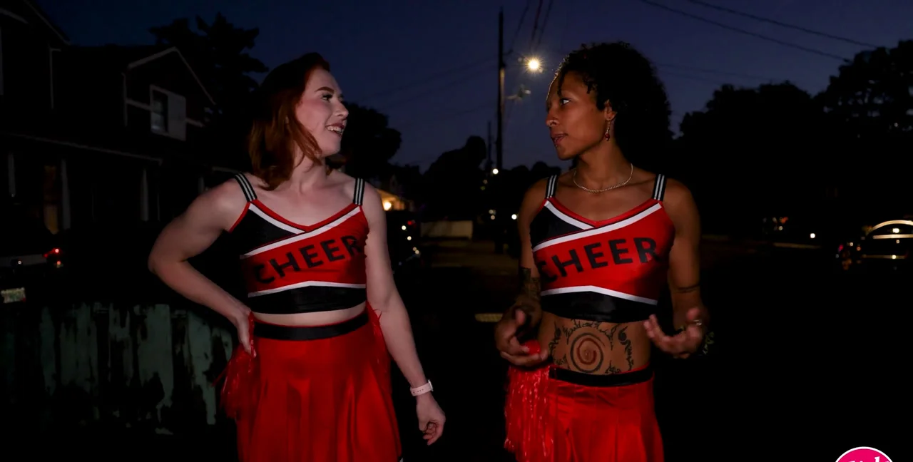 Liza Belle & Shiri Allwood: The Lesbian Cheerleader Squad Strips Down - popular extreme video on XXXExtreme